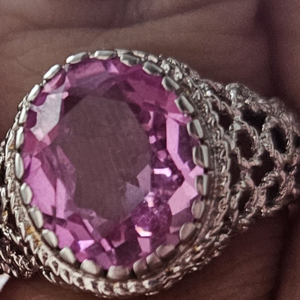 14 Karat white gold filigree ring with pink quartz